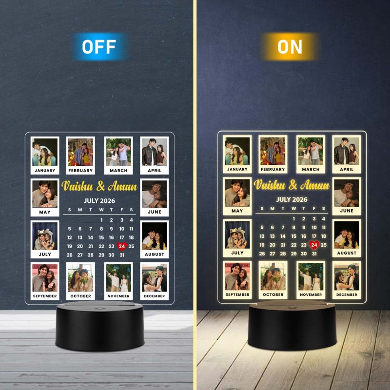 Calendar Couple Photo UV Print Lamp with Warm White Glow Light Unique Anniversary, Birthday, or Wedding Gift for Couples, Wife, Husband,